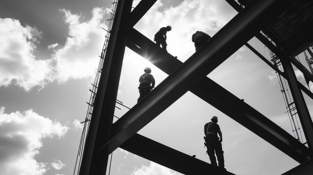 Construction Workers Silhouetted Against Cloudy Sky photo