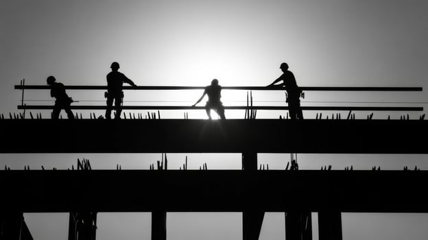 Silhouettes of Construction Workers on a Steel Beam photo