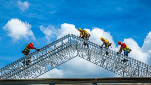 Construction Workers Installing Metal Roof Truss Against Blue Sky photo
