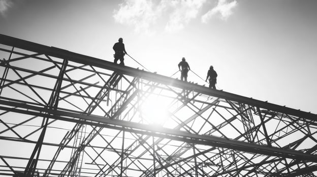 Silhouettes of Construction Workers on a Steel Frame photo