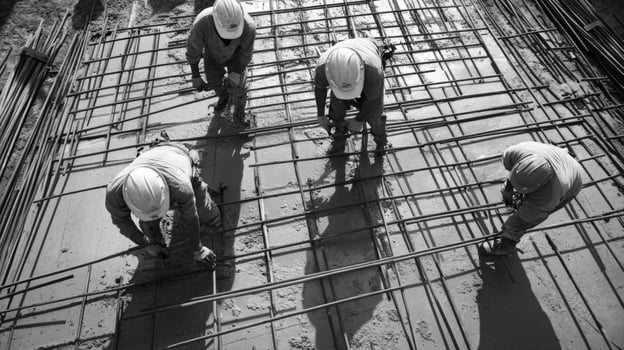 Construction Workers Securing Steel Reinforcing Bars in Concrete photo