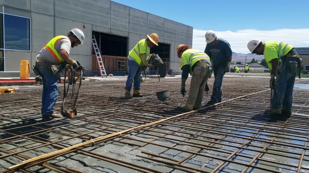 Construction Workers Pouring Concrete on a Rebar Grid photo