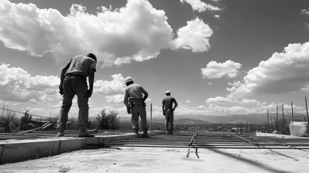 Three Construction Workers Looking Out Over A Rural Landscape photo
