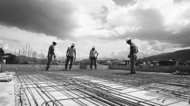 Construction Workers on a Concrete Slab with Rebar photo