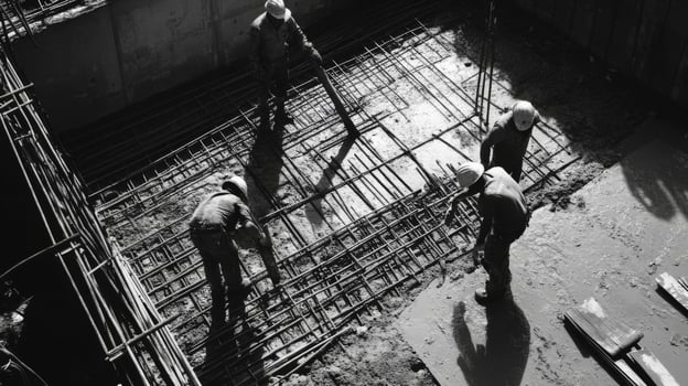 Construction Workers Laying Concrete Foundation With Rebar photo