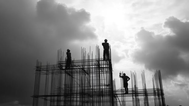 Construction Workers Silhouetted Against Cloudy Sky on Scaffolding photo
