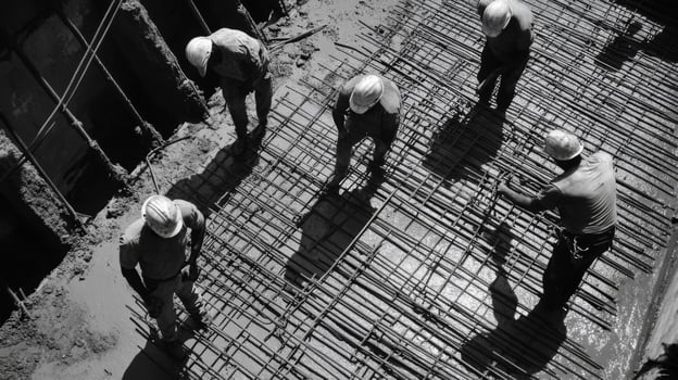 Construction Workers Pouring Concrete on a Rebar Grid photo