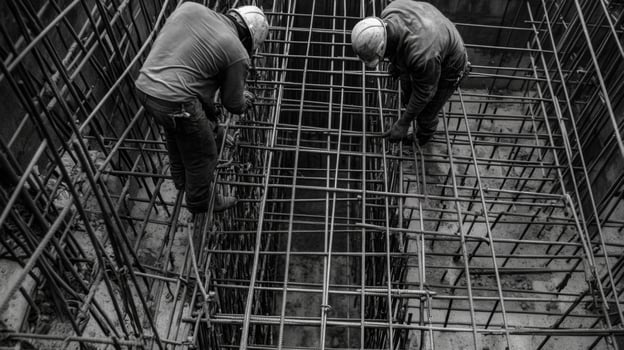 Two Construction Workers Securing Rebar Cage For Concrete Pour photo