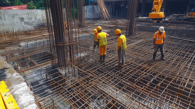 Construction Workers Standing on a Reinforced Concrete Slab photo