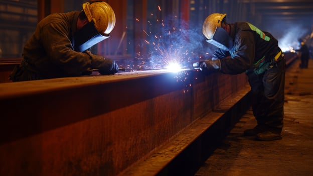 Two Welders Working on a Large Steel Beam photo