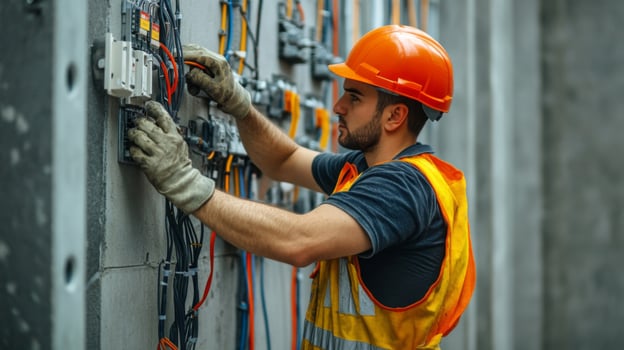 Electrician Working on Electrical Panel with Wires photo