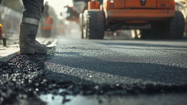 Close-up of a Worker's Boot on Freshly Laid Asphalt photo