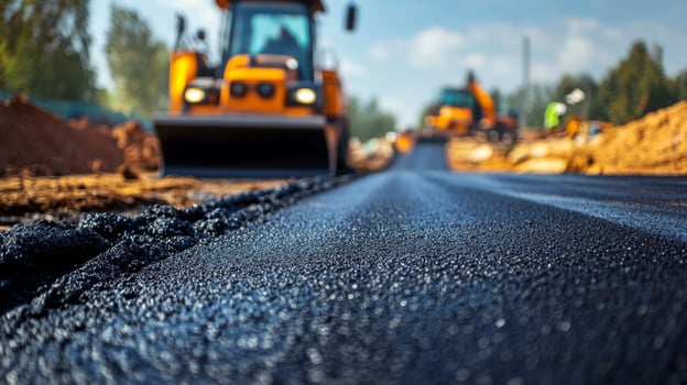 Freshly Laid Asphalt Road with Construction Equipment in the Background photo