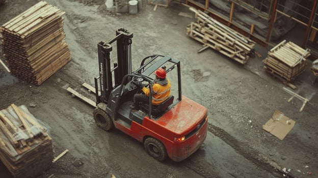 Construction Worker Operating Forklift with Wooden Pallets photo