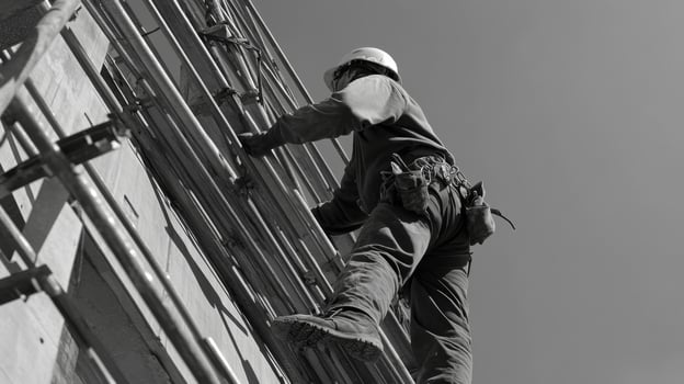 Construction Worker Climbing Scaffolding on a Building photo