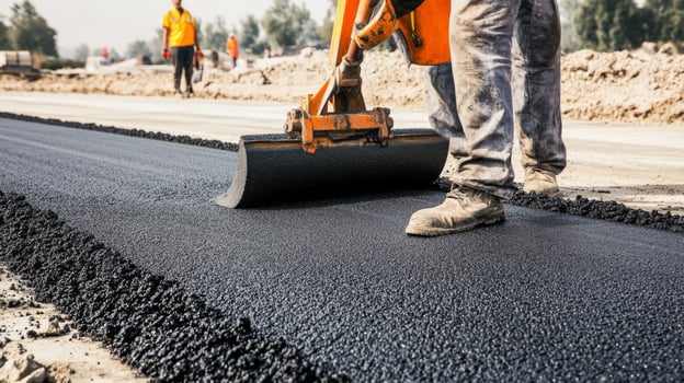 Worker Applying Fresh Asphalt to Road Surface photo