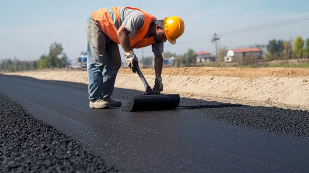 Construction Worker Using a Roller to Smooth Asphalt on a Road photo