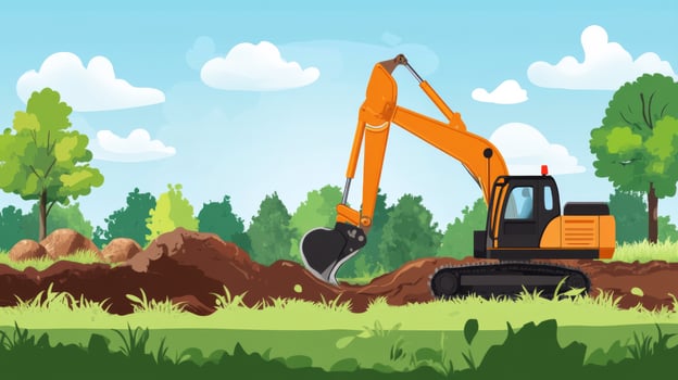 Excavator Digging a Trench in a Green Meadow with Blue Sky photo