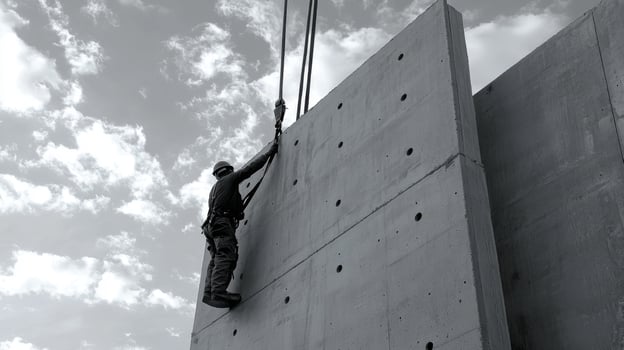 Construction Worker Ascending a Concrete Wall with Safety Gear photo