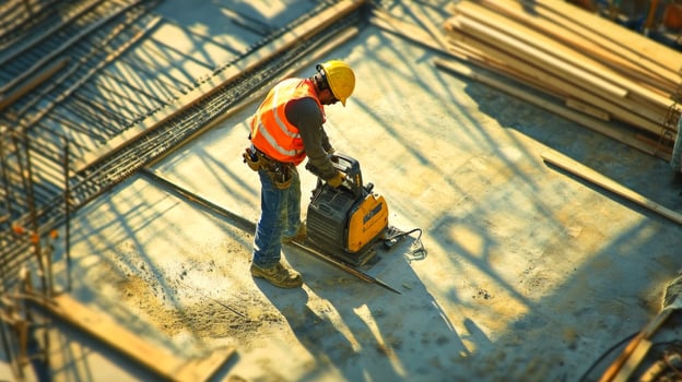 Construction Worker Operating a Compactor on a Concrete Slab photo