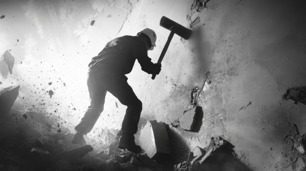 A Man Demolishes a Wall With a Sledgehammer photo