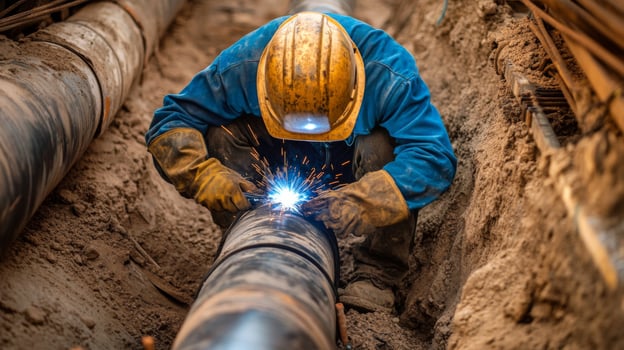 Welder in a Trench Repairing a Large Pipe photo