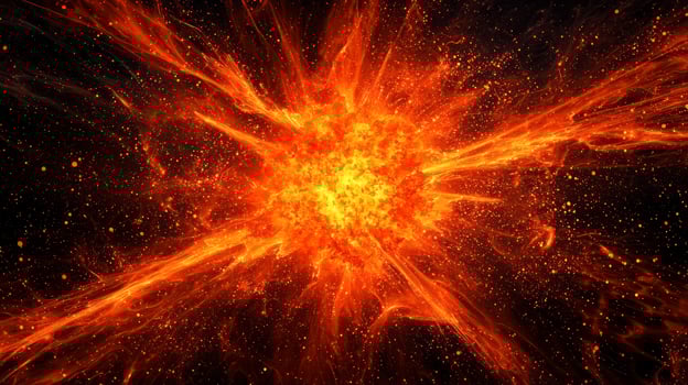 impressive display of orange particles bursts outward, radiating fiery energy into the dark cosmos, creating a mesmerizing and dynamic effect as they disperse. photo