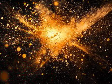 intense burst of orange particles erupts, forming a radiant sphere of energy while fragments scatter outward, creating a mesmerizing cosmic display in the darkness. photo