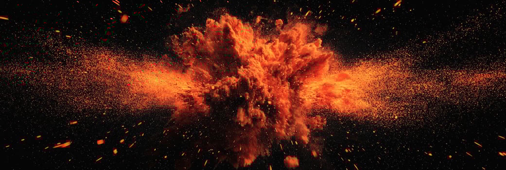 vibrant explosion of orange particles bursts forth, radiating intense energy and scattering glowing fragments into the dark void. The powerful cosmic display captivates the viewer. photo