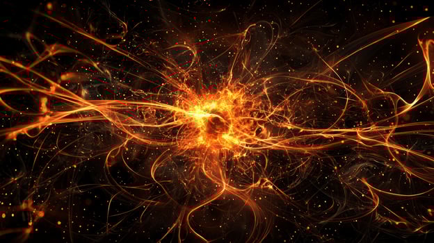 captivating eruption of orange particles bursts forth from a central point, illuminating the dark background with intense energy. Fiery trails scatter outward, creating an enthralling display. photo