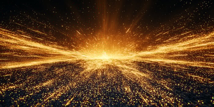 stunning explosion of orange particles erupts from a glowing core, sending radiant waves of light and cosmic dust spiraling outward, illuminating the surrounding darkness. photo