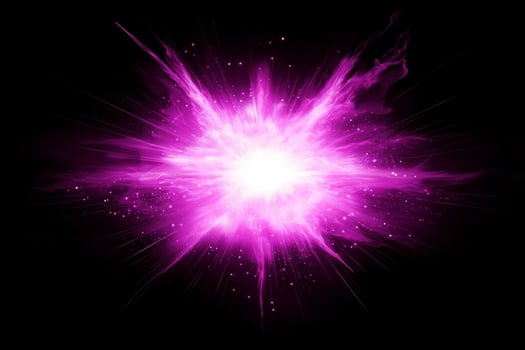vibrant explosion erupts with glowing purple particles bursting outward, creating a mesmerizing display of energy and motion against the deep black background. photo