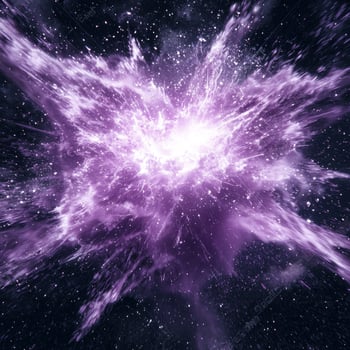 stunning display of energy unfolds as a bright purple explosion erupts from a glowing core, sending particles spiraling outward in a captivating cosmic event against a deep black space. photo