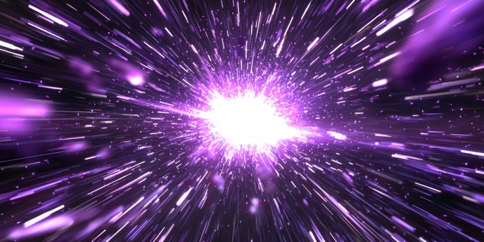 stunning explosion of purple particles bursts forth from a glowing core, sending waves of vibrant light cascading outward in a mesmerizing cosmic display. photo