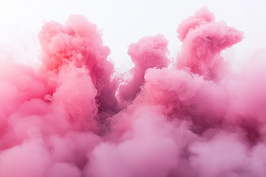 Thick pink smoke billows upward with soft edges and varying opacity, blending beautifully against a stark white background. The ethereal effect captivates the viewer. photo