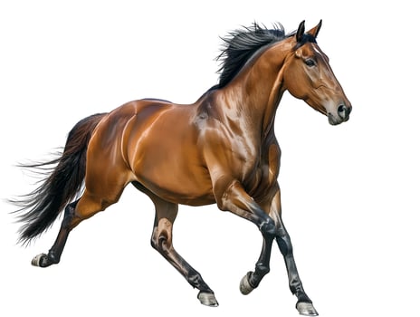 Brown horse galloping, isolated on a white background photo