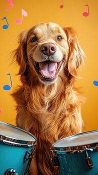 Jack russell terrier dog playing drums with passionate facial expression photo