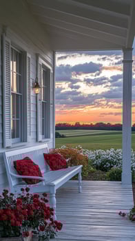 Inviting porch swing overlooking a picturesque farm at sunset photo
