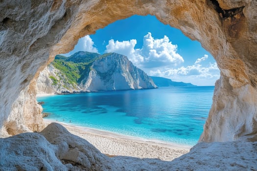 Turquoise water reaching sandy beach under rock arch formation photo