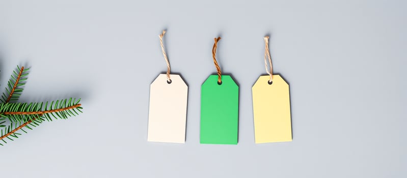 Three Colorful Price Tags with a Pine Branch on a Light Gray Background photo