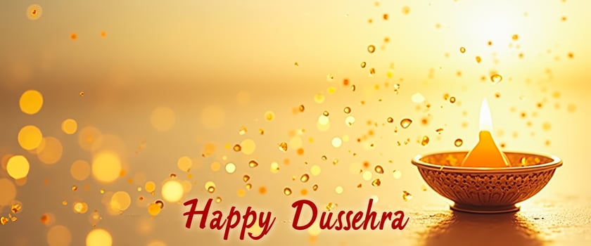 Happy Dussehra with a lit diya and golden bokeh photo