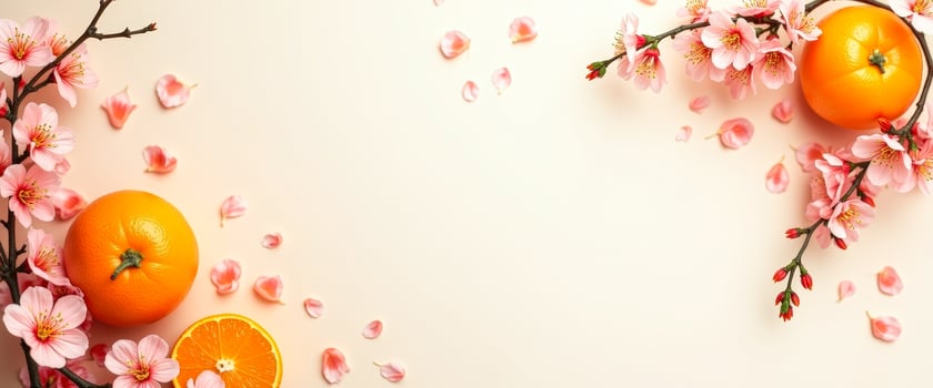 Oranges and Peach Blossoms on a Beige Background photo