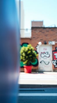Blurred Urban Background with Blue Wall and Red Potted Plant photo