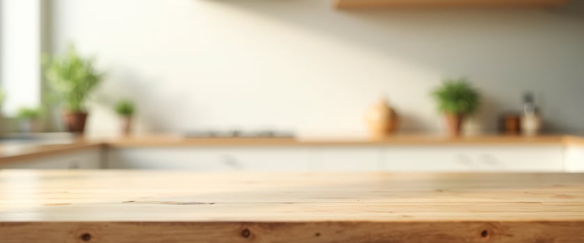 Wooden Tabletop in a Kitchen with Blurred Background photo