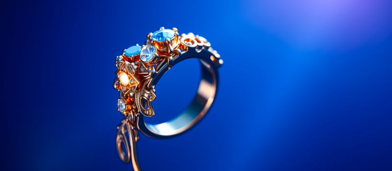 Gold ring with blue gemstones on a blue background photo