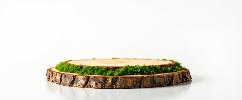 Wooden Round Slice with Moss Border on White Background photo