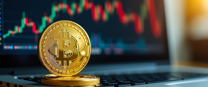 Bitcoin on a Laptop Keyboard with a Stock Chart in the Background photo
