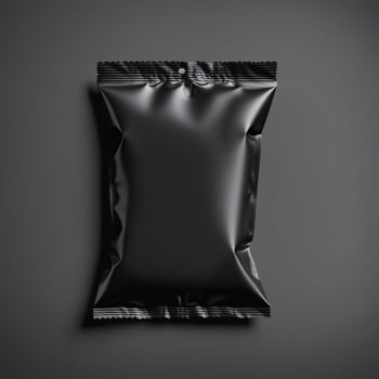 Blank black sachet package isolated on white. Small packaging sachet mockup. photo