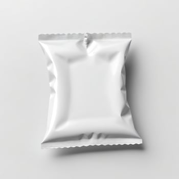 Blank white sachet package isolated on white. Small packaging sachet mockup. photo