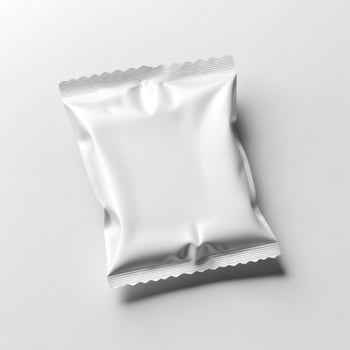 Blank white sachet package isolated on white. Small packaging sachet mockup. photo